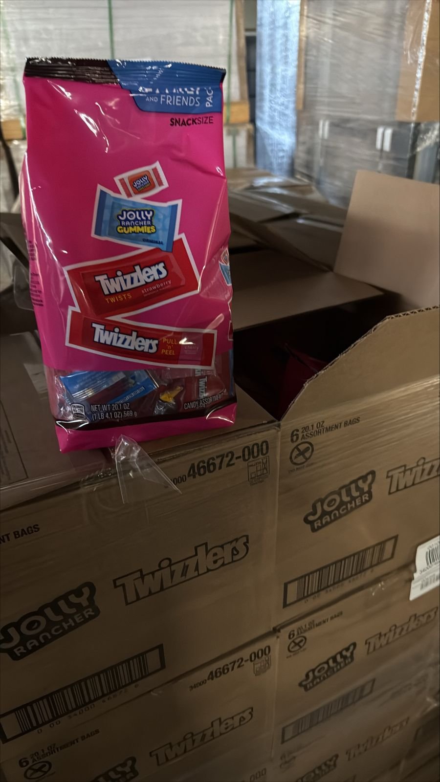 Jolly Rancher and Twizzlers assortment bags on sealed cases, typical short-dated candy we buy