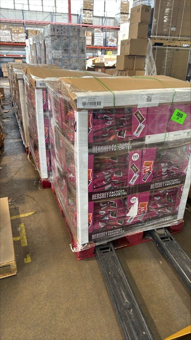 Rows of pallets of excess candy inventory in a distribution warehouse